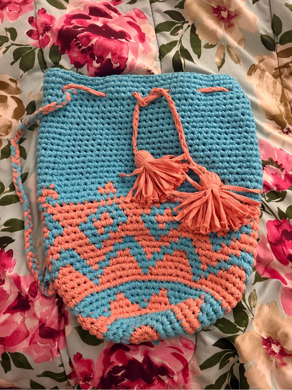 Handmade Crochet Bucket Tote in Blue and Peach with Tassels (made by my gf)